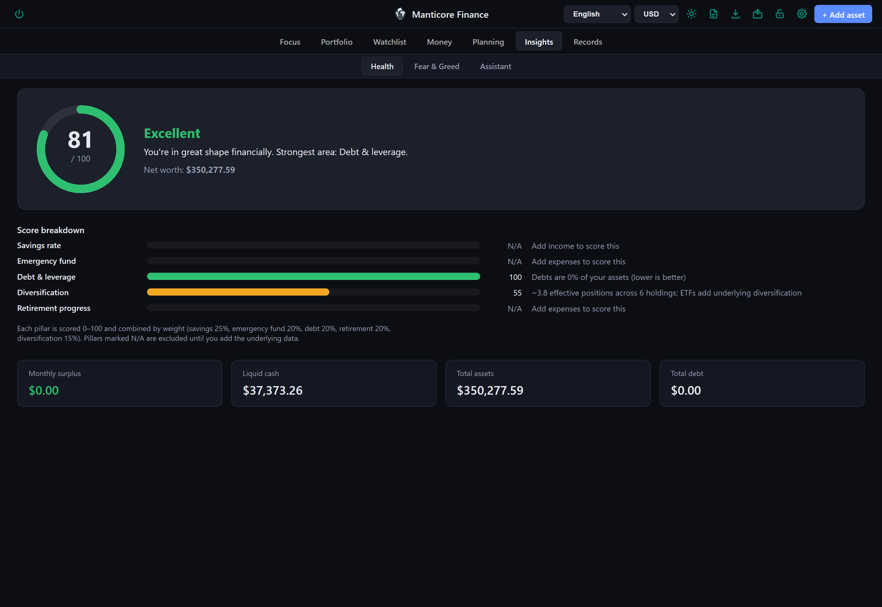 Net-worth health dashboard