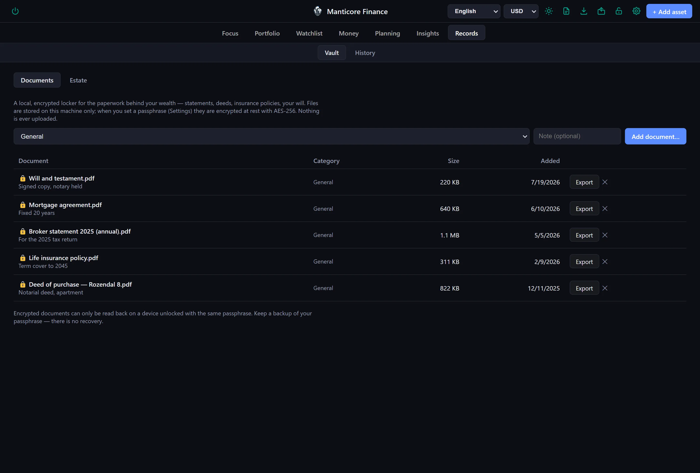 Manticore Finance Vault tab